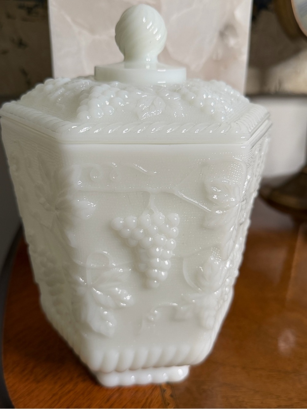 White Milk Glass Covered Candy Jar - Elegant Grape Pattern